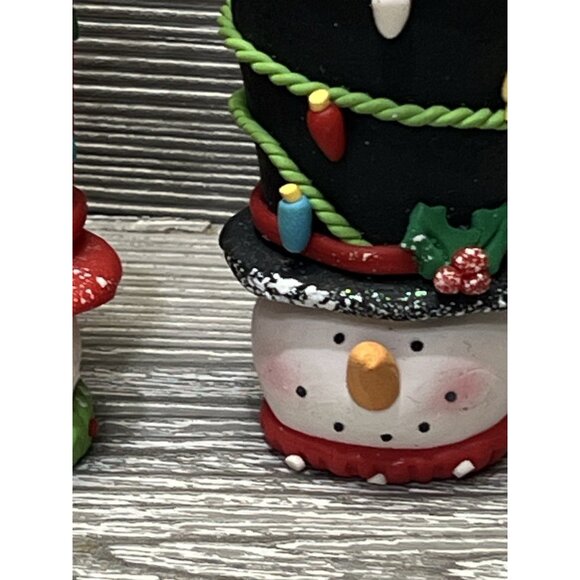 Whimsical Snowman Head Tall Top Hat Clay Christmas Ornaments 3.25” Set Of 2 - Picture 3 of 10